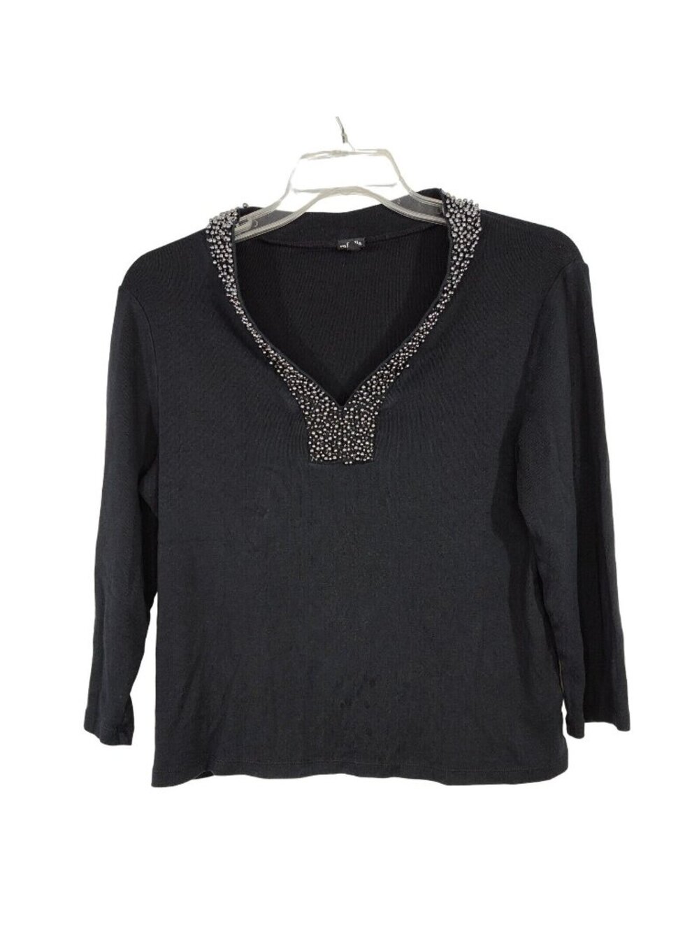 Rafaella Beaded V-Neck Ribbed Knit Top Women Size XL Black Long Sleeve FLAW - Picture 1 of 7